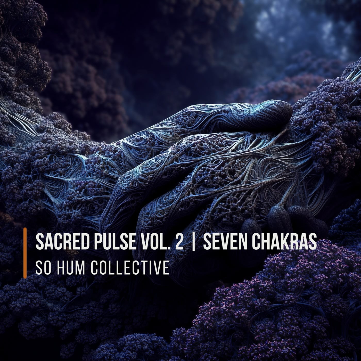 Sacred Pulse Vol. 2 — Seven Chakras album cover by So Hum Collective, featuring a sculptural figure in indigo and violet