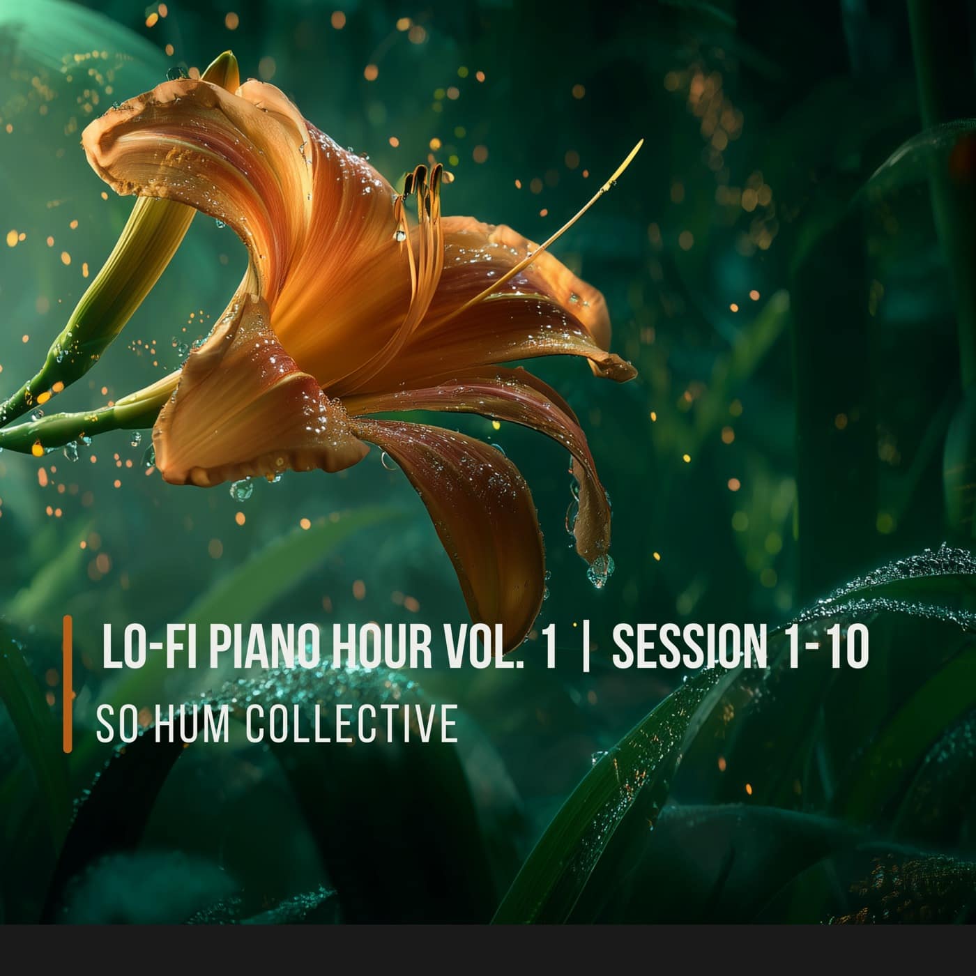 Lo-Fi Piano Hour Vol. 1 Sessions 1–10 album cover by So Hum Collective, featuring an orange lily against deep green leaves