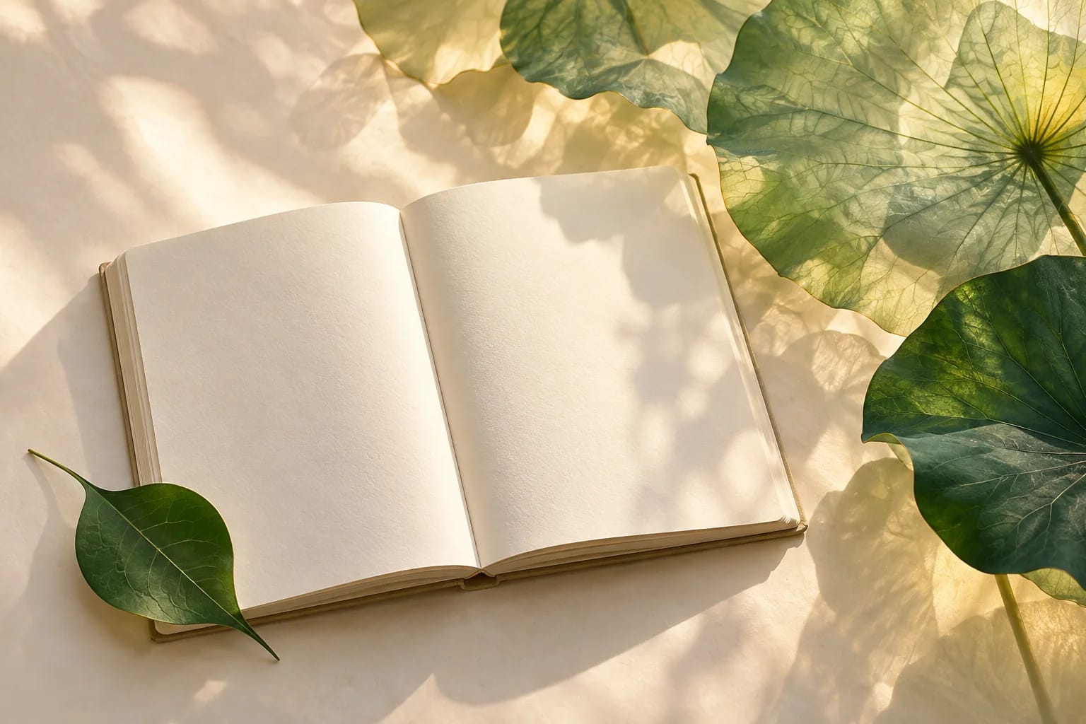 Open blank ivory journal beside a jade leaf and translucent green leaves in soft light.