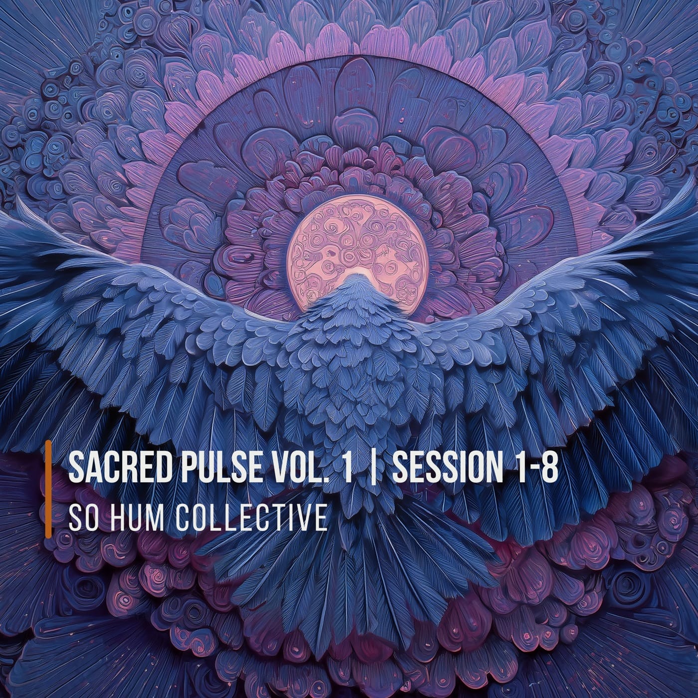 Sacred Pulse Vol. 1 meditation music album cover with blue wings and a pink violet mandala, by So Hum Collective
