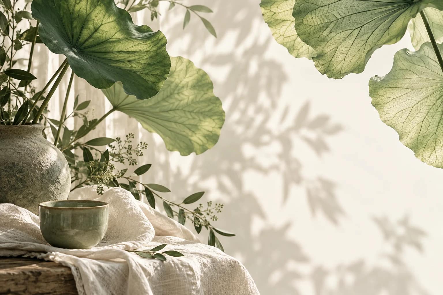 A sage ceramic cup on ivory linen beneath translucent green lotus leaves and soft leafy shadows.