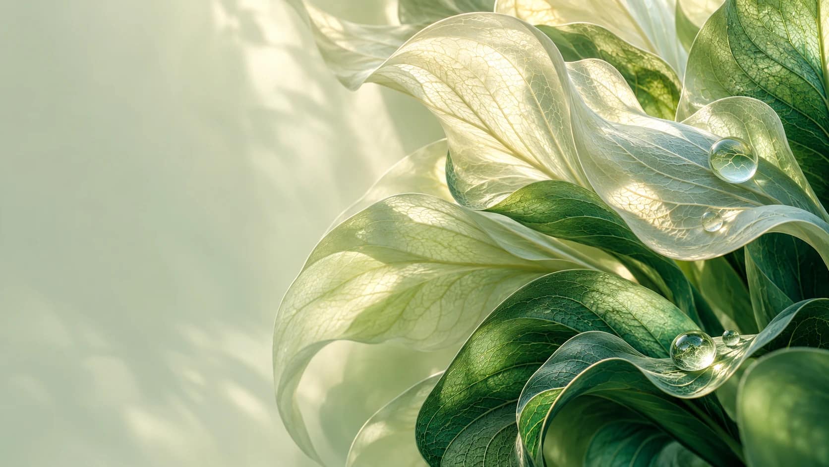 Translucent ivory and jade leaves with delicate veins and clear dew drops