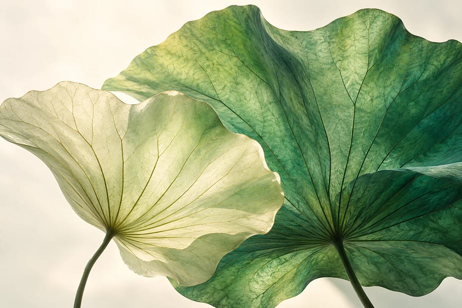 Overlapping translucent ivory and jade-green lotus leaves against a softly lit ivory background.