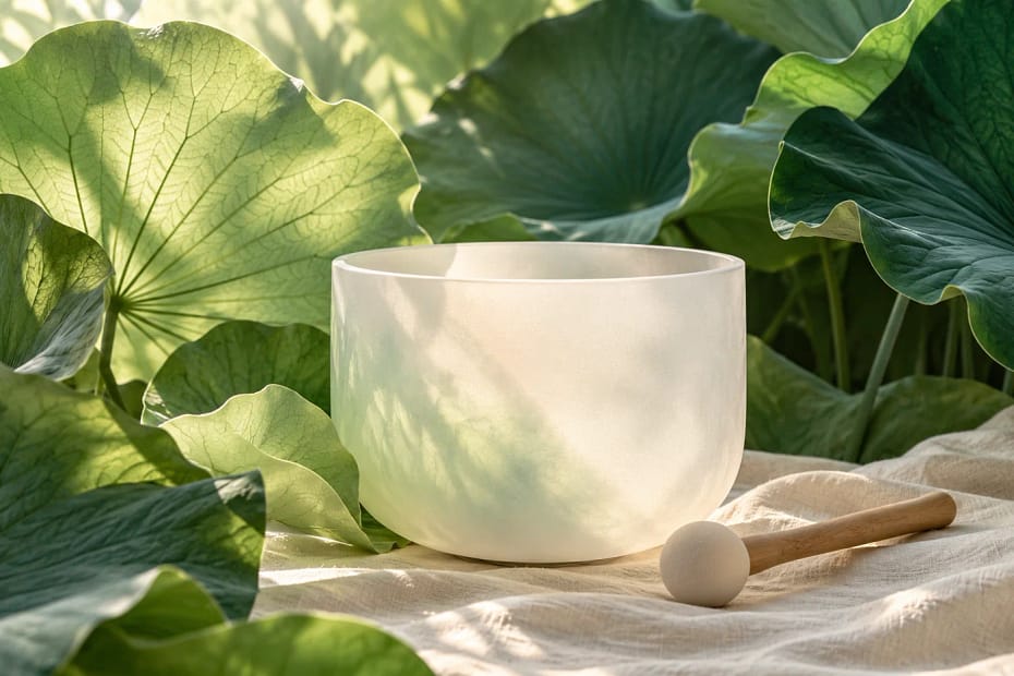 Ivory crystal singing bowl and wooden mallet on linen, framed by translucent sage and emerald lotus leaves.