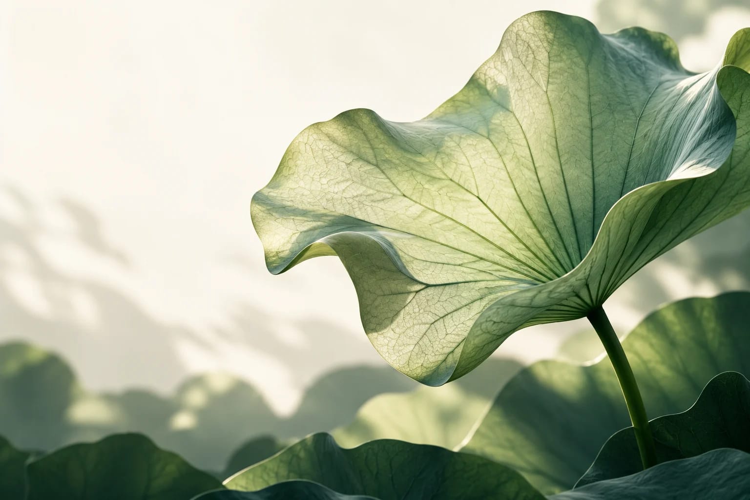 A flowing translucent jade lotus leaf against luminous ivory space and soft green botanical shadows.