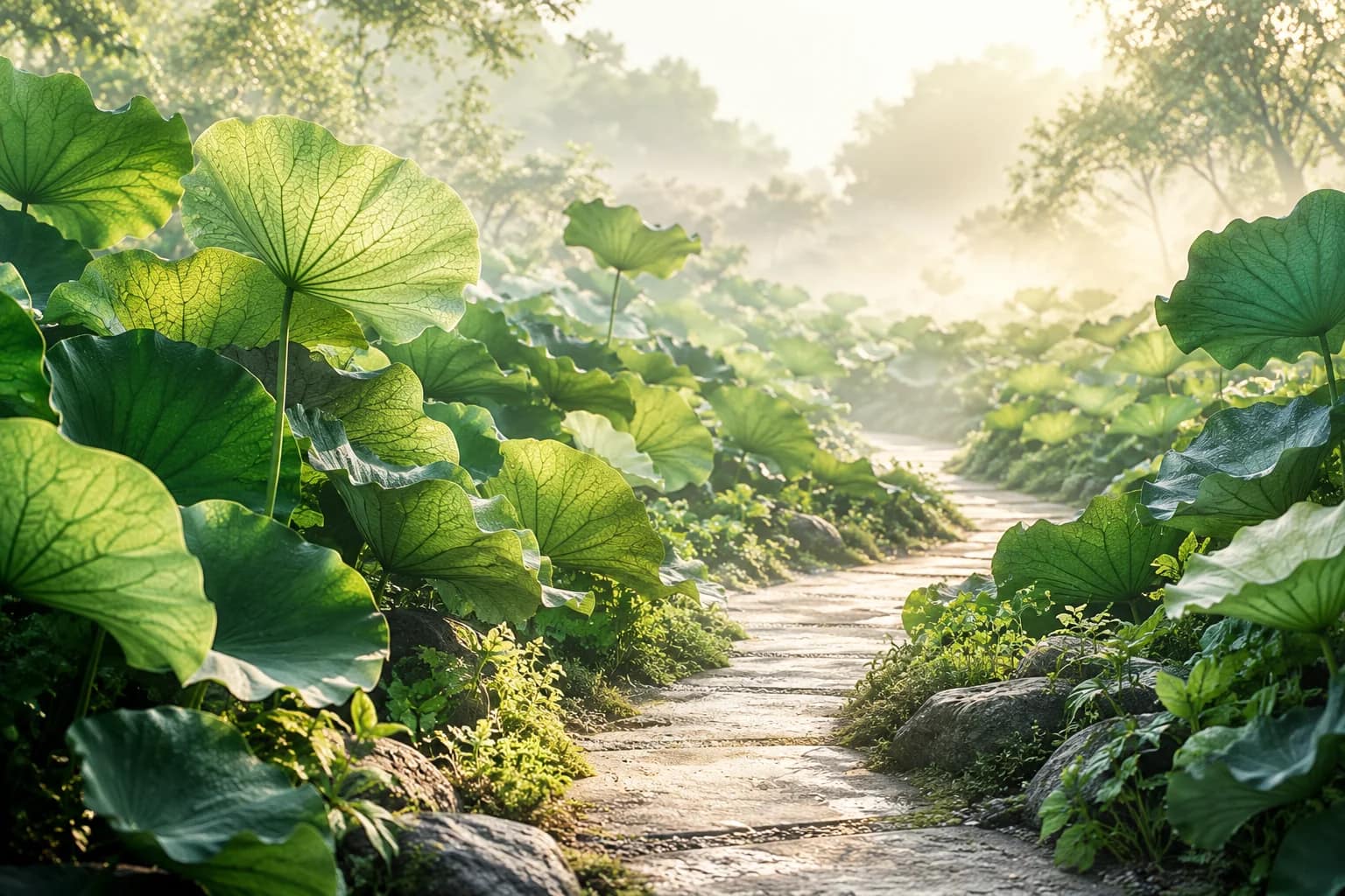 A sunlit stone garden path between overlapping translucent green lotus leaves.